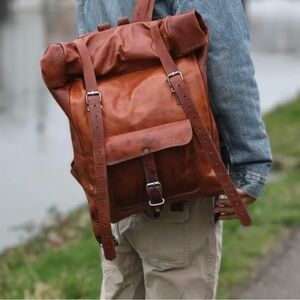 Handmade Portuguese Leather Rolltop Backpack | Genuine Leather Laptop Bag
